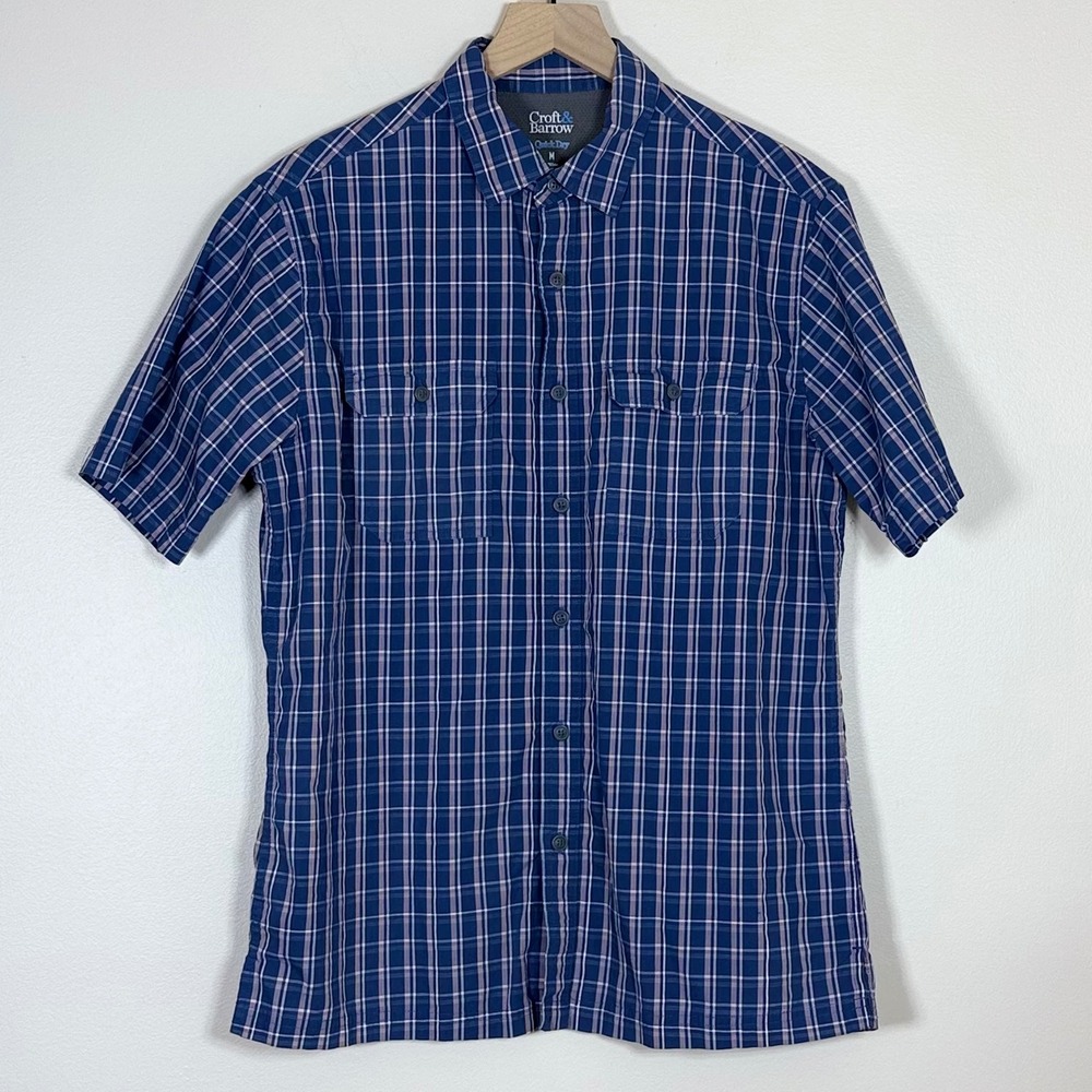 Croft & Barrow Mens Shirt M Blue Plaid Quick Dry Short Sleeve Vented Utility